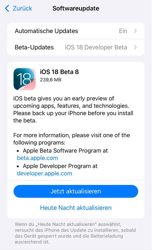 康马苹果手机维修分享苹果 iOS / iPadOS 18 开发者预览版 Beta 8 发布 